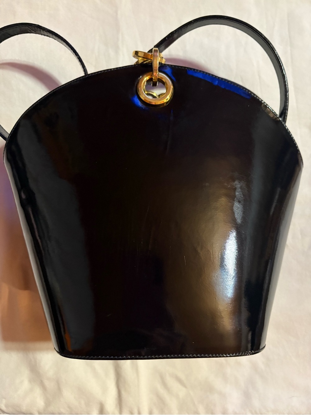 Salvatore Ferragamo Black Patent Shoulder Bag with Gold Ring Accent